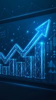 Digital growth chart with glowing blue wireframe arrow and bar graphs showing upward trend for business analytics and financial success presentations.