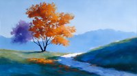 Vibrant orange autumn tree stands alone on rolling hills beside meandering river, set against misty blue mountains and peaceful landscape in watercolor style.