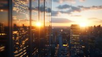 Modern glass building facade reflecting golden sunset over city skyline with dramatic sky and sunlight flare through windows, urban architecture at dusk.