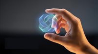 Hand holding glowing digital sphere with interconnected network nodes, representing technology, innovation, data connectivity, and future digital transformation concepts.