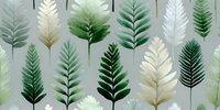 Watercolor pattern of green and cream fern leaves arranged in rows on soft gray background, ideal for nature-inspired home decor.
