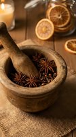 Wooden mortar and pestle with star anise and cloves, dried orange slices in background, warm rustic kitchen setting for cooking and baking recipes.