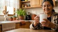 Mature woman of South Asian ethnicity holding white mug in warm kitchen with wooden cabinets, potted plants, and natural light. Suitable for lifestyle, wellness, home decor, and beverage marketing.