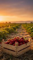Fresh ripe strawberries in wooden crate at sunset on organic farm field with golden hour lighting and agricultural landscape background.