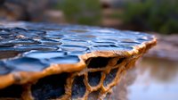 Close-up of cracked mud with blue surface and orange edges on riverbank, showing natural texture patterns formed by drought and mineral deposits.