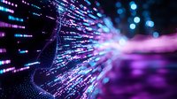 Glowing purple and blue fiber optic light trails create dynamic motion effect against dark background, showcasing modern digital technology and data transmission concept.