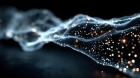 Ethereal flowing wave of luminous particles against dark background, creating a magical cosmic effect for technology or abstract design concepts.