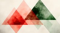 Overlapping translucent triangles in red and green tones create abstract geometric composition with watercolor texture effect on light background. Modern minimalist design.