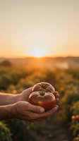 Farmer hands holding fresh ripe tomatoes at golden hour sunset in agricultural field with warm sunlight and mountain landscape background for harvest concept.