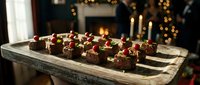 Chocolate cupcakes with red cherries on rustic wooden table near fireplace. Festive holiday desserts for Christmas celebration and winter gatherings.