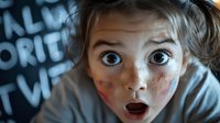 Young girl with wide blue eyes and surprised expression looking directly at camera, face covered in chocolate smudges, against dark background. For lifestyle and childhood concepts.