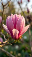 Pink magnolia flower in full bloom with delicate petals and golden stamens on branch. Soft blurred garden background with blooming trees. Spring floral nature photography.