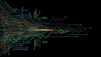 Digital circuit board pattern with glowing green and orange lines, data visualization elements and tech graphics on black background for modern designs.