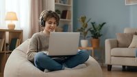 Young Asian woman wearing headphones working on laptop computer sitting cross-legged on beige bean bag chair in modern cozy living room interior.
