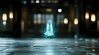 Glowing blue holographic figure floating above reflective floor in dark atmospheric space with blurred lights, creating futuristic sci-fi ambiance.