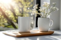 Two white ceramic mugs with delicate white flowers on wooden tray by sunny window creating peaceful morning atmosphere for coffee tea lifestyle branding.