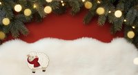 Cute sheep character wearing red sweater sits on fluffy white surface against red background with evergreen garland, gold ornaments and bokeh lights, perfect for holiday greeting cards and seasonal designs.