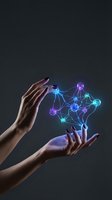 Female hands with purple nails protecting glowing network connections representing data security, cybersecurity and digital protection concepts.