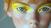Young blonde woman with freckles wearing bright yellow neon eyeshadow makeup for creative beauty and fashion editorial concepts.