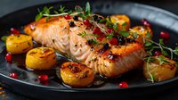 Grilled salmon fillet with caramelized citrus, pomegranate seeds and fresh herbs on dark plate. Glazed fish garnished with roasted oranges and microgreens.