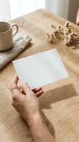 Woman hands holding blank white card on wooden table with coffee cup and dried flowers in warm natural light for mockup design projects.