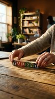 Person arranging wooden alphabet blocks spelling TALENT on rustic table in cozy home office with bookshelf and warm lighting for career development concepts.