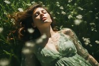 Young Caucasian woman in vintage mint dress lying in grass with flying dandelion seeds, eyes closed, dreamy summer atmosphere captured in warm natural light.