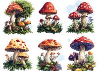 Red spotted mushrooms with green grass and autumn leaves, watercolor style set of amanita fungi illustrations for nature and botanical design elements.