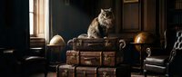 Fluffy long-haired cat sitting atop stacked vintage leather suitcases in a dark, elegant study with globes and wooden decor.