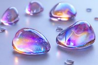 Magical iridescent water drops with purple and orange galaxy reflections on light surface, macro photography showing liquid surface tension and light refraction.