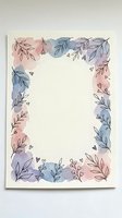 Watercolor border frame with pastel pink, blue, and purple blots, delicate line art leaves and tiny hearts, blank center for text or design.