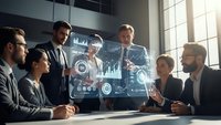 Business team analyzing holographic data visualization in modern conference room with digital charts and graphs for strategic planning meeting.