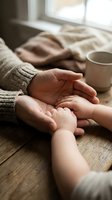 Adult hands gently holding baby hands in cozy home setting with warm natural light and coffee cup nearby creating intimate family moment.
