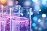 Sparkling pink champagne glasses with bubbles against blurred blue bokeh background, festive celebration atmosphere with magical lighting effects.