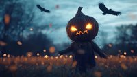 Spooky scarecrow with glowing jack-o-lantern head in autumn field at dusk, ravens flying overhead against moody blue sky.