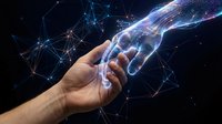Human hand reaching toward futuristic digital holographic hand with glowing network connections representing AI technology and human-machine interaction.