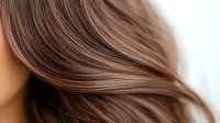 Silky smooth brown hair waves close up on white background, showing natural shine and healthy texture for beauty and haircare advertising.