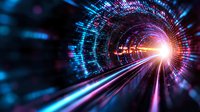Futuristic digital tunnel with glowing blue and pink light streaks, binary code patterns, and bright central point creating dynamic motion perspective.