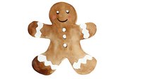 Watercolor gingerbread man cookie with white icing decorations and happy smiling face on isolated background, festive holiday baking design element.