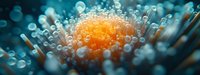 Microscopic view of glowing orange virus cell surrounded by translucent spikes against dark teal background, scientific medical research visualization.