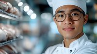 Young Asian male chef in white uniform and glasses smiling confidently in professional kitchen with blurred background lighting creating modern atmosphere.