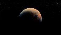 Dramatic view of Mars planet surface with sunrise glow against dark space background showing red terrain features and atmospheric haze in cinematic style.