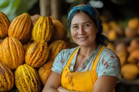 Smiling middle-aged Asian woman vendor in yellow apron and blue headscarf selling fresh cacao pods at local farmers market.