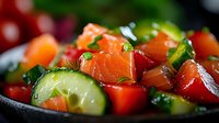 Fresh mixed vegetable salad with diced tomatoes, cucumbers and herbs in bowl. Healthy Mediterranean diet meal for summer dining and nutrition concepts.