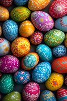 Colorful decorated Easter eggs with intricate floral and geometric patterns in vibrant blue, pink, yellow, orange, and green hues arranged on dark background.