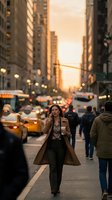 Woman in camel coat walking through busy urban street at golden hour sunset, surrounded by yellow taxis and pedestrians in metropolitan downtown area.