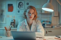 Young female scientist or medical professional in white coat working late at laboratory with laptop computer in moody blue lighting atmosphere, research workspace setting.