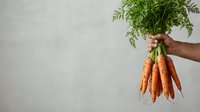 Fresh organic carrots with green leafy tops held in hand against neutral background, suitable for healthy eating, nutrition, farm produce, and organic food marketing materials.