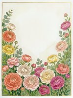 Colorful ranunculus flowers frame border with green leaves on cream background for wedding invitations, greeting cards and floral design projects.