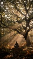 Person meditating under ancient tree with golden sunlight rays streaming through misty forest creating peaceful spiritual atmosphere for wellness content.
